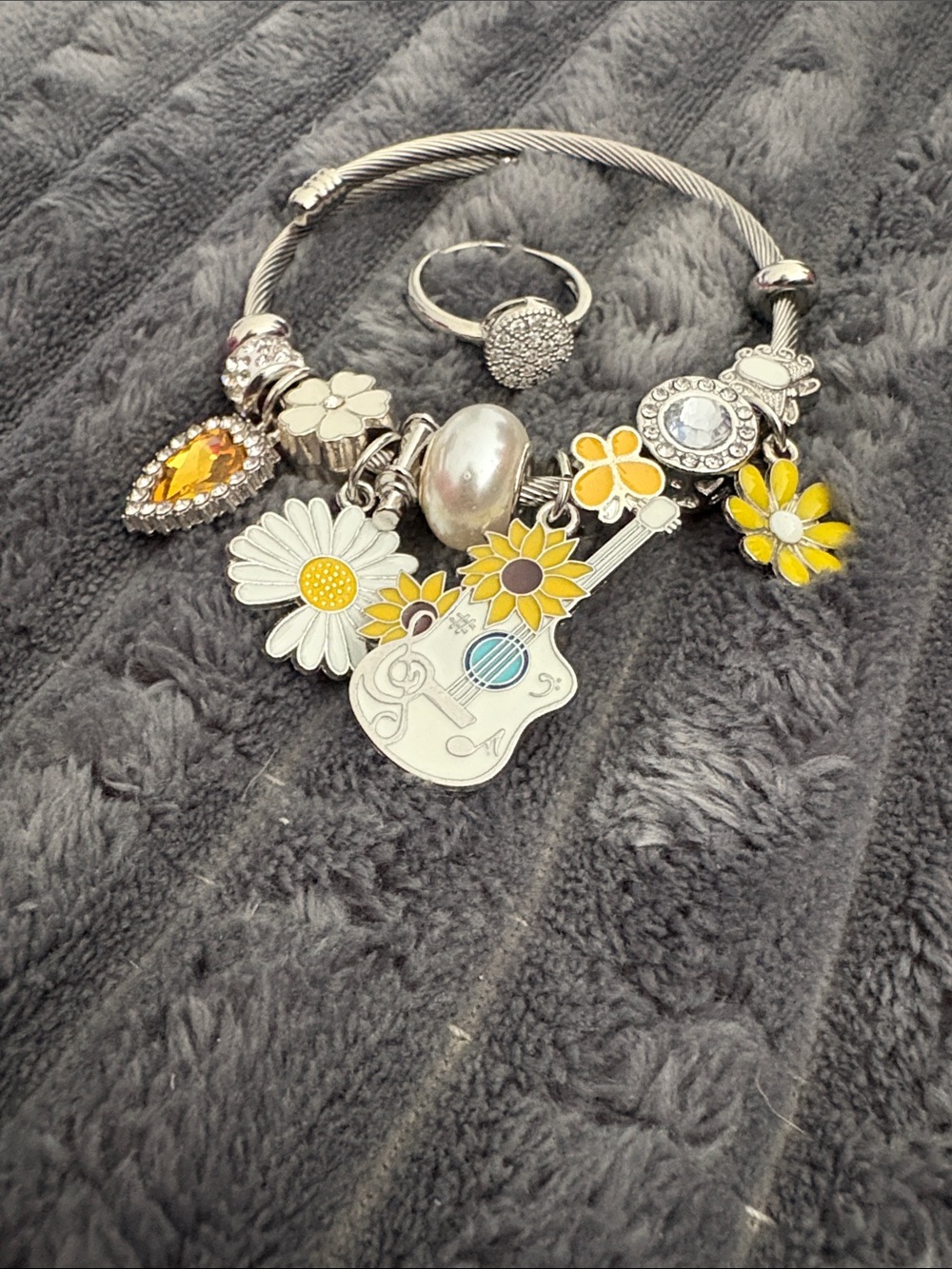 Silver Tone Guitar & Daisy Charm Bracelet with Yellow Enamel Accents